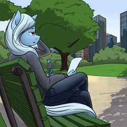Size: 1280x1280 | Tagged: safe, artist:apocheck13, character:trixie, species:anthro, species:pony, species:unicorn, bench, building, clothing, lidded eyes, park, scenery, sitting, smiling, solo focus, tree