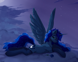 Size: 1800x1440 | Tagged: safe, artist:blackkaries, character:princess luna, species:alicorn, species:pony, backlighting, beautiful, bedroom eyes, chest fluff, clothing, cloud, draw me like one of your french girls, ear fluff, female, flower, lidded eyes, looking at you, mare, moon, night, on a cloud, prone, rose, shooting star, sky, smiling, socks, solo, stars, wings