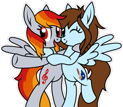 Size: 2508x2186 | Tagged: safe, artist:tridashie, oc, oc only, oc:shinycyan, oc:tridashie, species:pegasus, species:pony, bipedal, duo, hug, looking at you, one eye closed, simple background, smiling, spread wings, transparent background, wings, wink