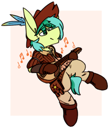 Size: 756x864 | Tagged: safe, artist:kirbirb, character:sandbar, species:earth pony, species:pony, bard, clothing, fantasy class, hat, male, mandolin, music notes, musical instrument, pun, simple background, solo, stallion