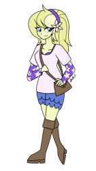 Size: 1280x2276 | Tagged: safe, artist:iamsheila, oc, oc only, oc:lemon blossom, my little pony:equestria girls, blue eyes, fashion, flower, flower in hair, fullbody, purse, reference, simple background, solo, transparent background, yellow