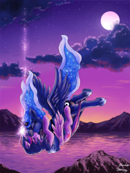 Size: 750x1000 | Tagged: safe, artist:blackkaries, artist:tanukiri, character:princess luna, character:twilight sparkle, character:twilight sparkle (alicorn), species:alicorn, species:pony, ship:twiluna, cloud, crown, eyes closed, falling, female, freefall, holding each other, hoof shoes, horn, horns are touching, hug, jewelry, kissing, lesbian, mare, moon, mountain, mountain range, peytral, regalia, scenery, shipping, sparkles, spread wings, starry night, twilight (astronomy), water, wings