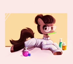 Size: 2138x1870 | Tagged: safe, artist:_mpiesocks, oc, oc only, species:earth pony, species:pony, chemicals, chemistry, clothing, glasses, lab coat, lying down, prone, scientist