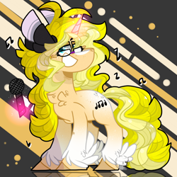 Size: 2000x2000 | Tagged: safe, artist:jxst-starly, oc, oc:songheart, species:pony, species:unicorn, abstract background, fanart, magic, microphone, music notes, musical instrument, redraw, singing, solo