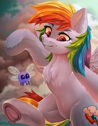 Size: 2697x3451 | Tagged: safe, artist:rattatatus78, character:rainbow dash, species:pegasus, species:pony, chest fluff, cloud, female, flying, frog (hoof), gritted teeth, high res, looking down, mare, parasprite, sky, solo, underhoof
