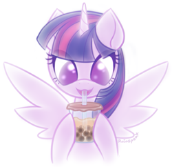 Size: 723x700 | Tagged: safe, artist:rainspeak, character:twilight sparkle, character:twilight sparkle (alicorn), species:alicorn, species:pony, bubble tea, cute, drink, drinking, female, mare, simple background, solo, spread wings, straw, twiabetes, white background, wings