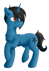 Size: 1024x1476 | Tagged: safe, artist:drarkusss0, oc, oc only, species:pony, species:unicorn, blue, dark hair, gender bend, lifting leg, simple background, solo, standing, transparent background