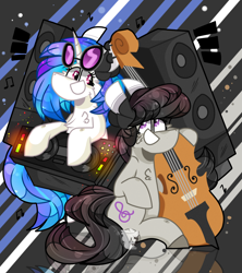 Size: 2400x2700 | Tagged: safe, artist:jxst-starly, character:dj pon-3, character:octavia melody, character:vinyl scratch, species:earth pony, species:pony, species:unicorn, abstract background, bass speakers, cheek fluff, dj table, musical instrument, violin