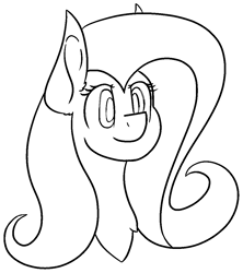 Size: 965x1087 | Tagged: safe, artist:skylarpalette, character:fluttershy, species:pegasus, species:pony, big ears, black and white, bust, chest fluff, female, grayscale, happy, long mane, mare, monochrome, outline, simple background, sketch, solo, three quarter view, transparent background, white outline