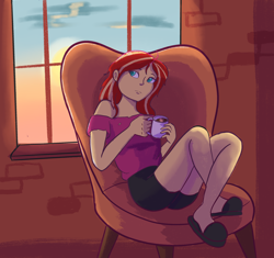 Size: 2712x2550 | Tagged: safe, artist:pettypop, character:sunset shimmer, my little pony:equestria girls, chair, clothing, cloud, coffee mug, evening, female, high res, mug, slippers, solo