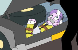 Size: 1311x845 | Tagged: safe, artist:bugssonicx, character:diamond tiara, my little pony:equestria girls, accessories, bondage, boots, bound and gagged, car, clothing, diamondsub tiara, ear piercing, earring, female, femsub, gag, jacket, jewelry, kidnapped, offscreen character, peril, piercing, scared, shirt, shoes, skirt, solo focus, spare tire, submissive, tape, tape gag, tied up, trunk, wheel