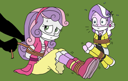 Size: 2228x1421 | Tagged: safe, artist:bugssonicx, character:diamond tiara, character:sweetie belle, my little pony:equestria girls, accessories, arm behind back, belt, bondage, boots, bound and gagged, cloth gag, clothing, diamondsub tiara, ear piercing, earring, female, femsub, gag, jacket, jewelry, kidnapped, looking at someone, looking back, peril, piercing, scared, shirt, shoes, simple background, skirt, submissive, sweat, sweetiesub, tied up, tying