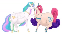 Size: 1280x699 | Tagged: safe, artist:soobel, character:princess amore, character:princess celestia, species:alicorn, species:pony, species:unicorn, newbie artist training grounds, accessories, angry, atg 2020, belly, big belly, celestia is not amused, chubbylestia, duo, duo female, fat, female, flowing mane, jewelry, long mane, long tail, mare, messy, obese, pointing, regalia, simple background, tiara, unamused, white background