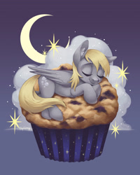 Size: 3187x3984 | Tagged: safe, artist:taytinabelle, character:derpy hooves, species:pegasus, species:pony, chest fluff, cloud, crescent moon, cute, derpabetes, ear fluff, eyes closed, female, food, happy, high res, leg fluff, mare, moon, muffin, on a cloud, prone, sleeping, smiling, solo, stars, sweet dreams fuel