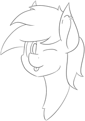 Size: 1845x2639 | Tagged: safe, artist:skylarpalette, oc, oc only, oc:twitchyylive, species:earth pony, species:pony, blep, ear piercing, earring, earth pony oc, fluffy, jewelry, lineart, male, one eye closed, piercing, simple background, sketch, smiling, stallion, tongue out, transparent background, wink