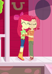 Size: 1148x1640 | Tagged: safe, artist:thomaszoey3000, character:apple bloom, character:babs seed, my little pony:equestria girls, belt, boots, clothing, equestria girls-ified, eyes closed, house, hug, jeans, pants, request, requested art, shirt, shoes