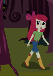 Size: 1148x1640 | Tagged: safe, artist:thomaszoey3000, character:apple bloom, my little pony:equestria girls, belt, boots, clothing, forest, jeans, looking back, offscreen character, pants, request, requested art, running, scared, shirt, shoes