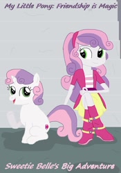 Size: 1024x1463 | Tagged: safe, artist:thomaszoey3000, character:sweetie belle, species:pony, species:unicorn, my little pony:equestria girls, boots, clothing, fanfic, fanfic art, human ponidox, jacket, looking at each other, ponidox, self paradox, self ponidox, shoes, sitting, skirt, story included