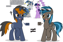 Size: 2000x1327 | Tagged: safe, artist:le-23, character:star swirl the bearded, character:twilight sparkle, character:twilight sparkle (alicorn), oc, oc:going lucky, species:alicorn, species:pegasus, species:pony, species:unicorn, cracked horn, dialogue, horn, pegasus oc, simple background, speech bubble, transparent background, unicorn oc, wings