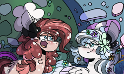 Size: 3000x1800 | Tagged: safe, artist:jxst-starly, oc, oc:flower sunshine, oc:sugarcake cheeseball, species:earth pony, species:pegasus, species:pony, baking, cheek fluff, chef's hat, clothing, earth pony oc, flour, flower, flower in hair, hat, next gen the journey of lightning, next generation, pegasus oc, pot, stove, wings