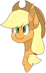 Size: 1711x2732 | Tagged: safe, artist:skylarpalette, character:applejack, species:earth pony, species:pony, applejack's hat, big ears, bust, clothing, colored, cowboy hat, female, freckles, hat, looking forward, mare, simple background, simple shading, smiling, transparent background
