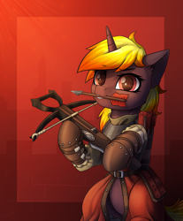 Size: 2486x3000 | Tagged: safe, artist:dipfanken, oc, oc only, species:pony, species:unicorn, armor, arrow, bipedal, chainmail, crossbow, mouth hold, solo