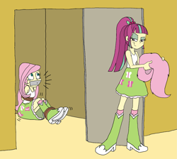 Size: 1503x1349 | Tagged: safe, artist:bugssonicx, character:fluttershy, character:sour sweet, my little pony:equestria girls, arm behind back, blouse, bondage, boots, bound and gagged, captured, clothing, damsel in distress, disguise, door, evil smirk, gag, impostor, kidnapped, looking at each other, scared, shoes, skirt, smiling, struggling, tape, tape gag, teary eyes, tied up, wig