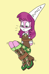 Size: 1194x1812 | Tagged: safe, artist:bugssonicx, character:cheerilee, my little pony:equestria girls, arm behind back, bondage, boots, bound and gagged, cloth gag, clothing, damsel in distress, dunce hat, female, gag, hat, shoes, simple background, skirt, struggling, tied up