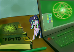 Size: 3000x2113 | Tagged: safe, artist:mistleinn, character:starlight glimmer, species:pony, species:unicorn, g4, book, computer, female, hidden eyes, laptop computer, looking at you, mare, raised hoof, ritual, solo