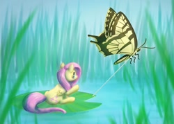 Size: 1024x733 | Tagged: safe, artist:rainspeak, character:fluttershy, species:pegasus, species:pony, newbie artist training grounds, atg 2020, butterfly, female, folded wings, lily pad, mare, outdoors, pond, ponified, pulling, raised hoof, sitting, smol, solo, thumbelina, tiny, tiny ponies, wings