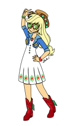 Size: 1280x2276 | Tagged: safe, artist:iamsheila, character:applejack, episode:festival looks, g4, my little pony: equestria girls, my little pony:equestria girls, apple, commission, commissioner:oddeyesdragoon, female, festival, food, simple background, solo, transparent background