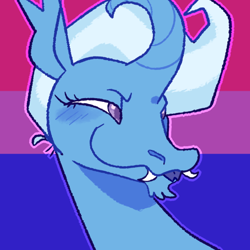 Size: 540x540 | Tagged: safe, artist:goatpaste, character:trixie, species:pony, species:unicorn, bisexual pride flag, blushing, curved horn, fangs, female, forked tongue, horn, implied bisexual, narrowed eyes, pride, pride flag, smiling, solo, tongue out