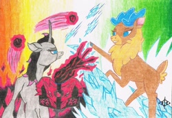 Size: 1280x876 | Tagged: safe, artist:assertiveshypony, community related, character:fhtng th§ ¿nsp§kbl, character:oleander, character:velvet reindeer, species:classical unicorn, species:deer, species:pony, species:reindeer, species:unicorn, them's fightin' herds, abstract background, bearly pony related, cloven hooves, duo, female, ice, leonine tail, magic, simple background, traditional art, unshorn fetlocks