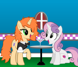 Size: 1280x1092 | Tagged: safe, artist:thunder-blur, character:sweetie belle, oc, oc:tipsy sip, species:pony, species:unicorn, bow tie, clothing, female, interior, mare, martini glass, older, older sweetie belle, show accurate