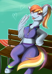 Size: 1443x2048 | Tagged: safe, artist:banoodle, character:rainbow dash, species:pegasus, species:pony, alternate costumes, alternate hairstyle, alternate outfits, belly button, blushing, buckball fan gear rainbow dash, clothing, jacket, pants, ponytail, sweat, sweatpants, wings