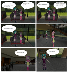 Size: 1176x1251 | Tagged: safe, artist:brightstar40k, character:coco pommel, character:sweetie belle, comic:sweetie belle's tie up game, my little pony:equestria girls, 3d, boots, clothing, couch, crystal prep academy uniform, dialogue, jacket, looking at each other, running, school uniform, shoes, skirt, source filmmaker, speech bubble, t pose