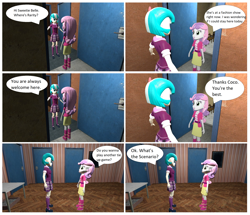 Size: 2416x2074 | Tagged: safe, artist:brightstar40k, character:coco pommel, character:sweetie belle, comic:sweetie belle's tie up game 2, my little pony:equestria girls, 3d, boots, clothing, crystal prep academy uniform, dialogue, door, jacket, looking at each other, school uniform, shoes, skirt, smiling, source filmmaker, speech bubble, t pose, table