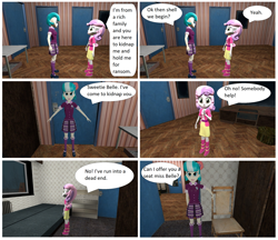 Size: 2412x2080 | Tagged: safe, artist:brightstar40k, character:coco pommel, character:sweetie belle, comic:sweetie belle's tie up game 2, my little pony:equestria girls, 3d, boots, chair, clothing, crystal prep academy uniform, dialogue, door, jacket, looking at each other, school uniform, shoes, skirt, source filmmaker, speech bubble, t pose, table