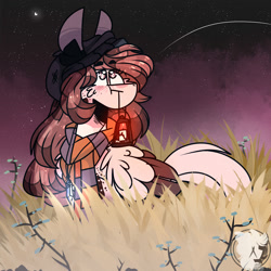 Size: 2000x2000 | Tagged: safe, artist:jxst-starly, oc, oc only, oc:yasy, species:pegasus, species:pony, candle, cheek fluff, clothing, grass, grassy field, lantern, light, moon, night, night sky, ponimal, scarf, sky, solo