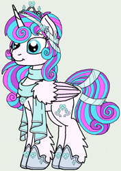 Size: 668x946 | Tagged: safe, artist:rosefang16, character:princess flurry heart, species:alicorn, species:pony, astralverse, alternate hairstyle, clothing, crown, ear fluff, ear piercing, earring, female, gray background, hoof shoes, jewelry, leg fluff, mare, older, older flurry heart, piercing, regalia, scarf, simple background, solo