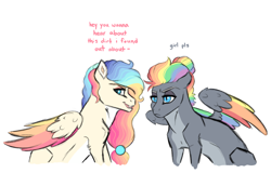 Size: 4000x2552 | Tagged: safe, artist:venommocity, oc, oc only, oc:greywind, oc:violuminescence, parent:applejack, parent:coloratura, parent:dumbbell, parent:rainbow dash, parents:dumbdash, parents:rarajack, species:pegasus, species:pony, colored wings, female, magical lesbian spawn, mare, multicolored wings, offspring, simple background, white background, wings