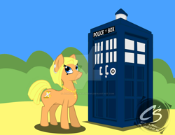 Size: 1024x792 | Tagged: safe, artist:adhiguna, artist:johnathon-matthews, character:doctor whooves, character:time turner, species:earth pony, species:pony, crossover, deviantart watermark, doctor who, female, jodie whittaker, mare, obtrusive watermark, ponified, solo, tardis, the doctor, thirteenth doctor, watermark