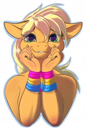 Size: 1280x1890 | Tagged: safe, artist:banoodle, character:applejack, species:anthro, species:earth pony, species:pony, bedroom eyes, bondage, bound wrists, bust, freckles, lip bite, looking at you, pansexual, pansexual pride flag, pride, pride flag, simple background, white background, ych example, your character here