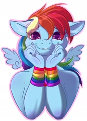 Size: 1350x1890 | Tagged: safe, artist:banoodle, character:rainbow dash, species:anthro, species:pegasus, species:pony, bedroom eyes, bondage, bound wrists, bust, female, floating wings, gay pride flag, lip bite, looking at you, pride, pride flag, simple background, white background, wings, ych example, your character here