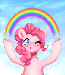 Size: 2189x2500 | Tagged: safe, artist:avrameow, character:pinkie pie, species:earth pony, species:pony, blep, blushing, cloud, cute, diapinkes, high res, idiot box, imagination, one eye closed, rainbow, smiling at you, spongebob squarepants, tongue out, wink