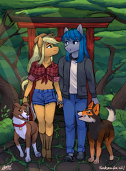 Size: 1400x1900 | Tagged: safe, artist:varllai, character:applejack, character:winona, oc, oc:hiroki, oc:isamaru, species:anthro, species:plantigrade anthro, anthro oc, bedroom eyes, boots, canon x oc, clothing, commission, cowboy boots, forest, hirojack, holding hands, lidded eyes, looking at each other, shoes, smiling, torii, walking