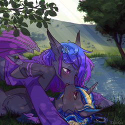 Size: 1000x1000 | Tagged: safe, artist:lunarlacepony, oc, oc only, oc:grey, oc:rapid shadow, species:bat pony, species:pony, species:unicorn, blushing, clothing, crepuscular rays, cute, dappled sunlight, femboy, flower, flower in hair, gay, hoodie, hug, kissing, looking at each other, loose hair, male, nature, oc x oc, on back, rapid x grey, river, scarf, shipping, tree, water, wings
