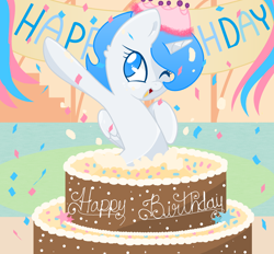 Size: 1972x1828 | Tagged: safe, artist:csox, oc, oc:white flare, species:alicorn, species:pony, birthday, birthday cake, cake, food, jumping out of cake, solo