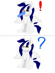 Size: 6000x8000 | Tagged: safe, artist:skylarpalette, oc, oc only, oc:swift, species:pegasus, species:pony, 2 panel comic, boop, chest fluff, comic, crying, disembodied hoof, ear fluff, exclamation point, fluffy, fluffy mane, male, pegasus oc, pegasus wings, question mark, sad, scrunch, shocked, simple background, simple shading, sitting, spread wings, stallion, white background, wings
