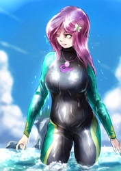Size: 2893x4092 | Tagged: safe, artist:oberon826, character:fluttershy, species:human, g4, my little pony: equestria girls, my little pony:equestria girls, breasts, busty fluttershy, clothing, female, geode of fauna, magical geodes, solo, summer, swimsuit, wet, wetsuit